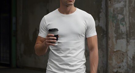 Naklejka premium Young white man wearing t-shirt holding coffee