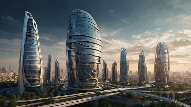 Futuristic cityscapes, self-driving cars, drones, eco-smart architecture.