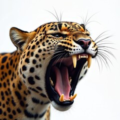 Obraz premium Close-up of angry leopard Panthera pardus growling, baring fangs, isolated white background. Spotted wild cat portrait. Predator, big cat, feline. Powerful, dangerous animal in zoo, safari, wildlife