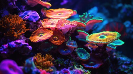 Fototapeta premium Vibrant coral formations illuminated by underwater lights.