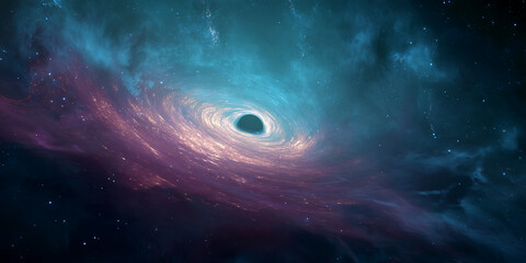 Cosmic swirl of teal and purple nebula surrounding a black hole, showcasing the vastness and mystery of space, ideal for astronomy or science fiction concepts