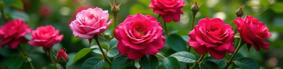 Close-up of pruned rose bushes, vibrant green leaves , branches, blossom