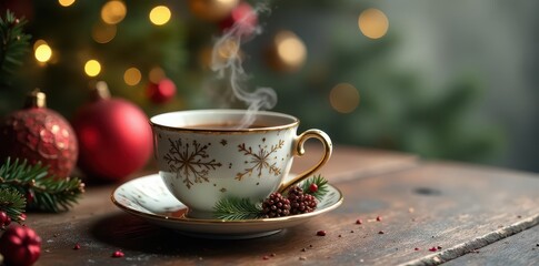 Fototapeta premium Cozy Christmas teacup, steaming beverage, festive decor, cozy, hygge, antique