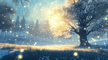 Winter wonderland scene.  A serene forest bathed in soft light, covered in snow and sparkling with magical lights