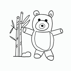 black and white line. Cute Panda Character with Bamboo. Cartoon Style Illustration