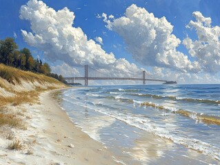 Serene beach scene with gentle waves lapping the shore under a bright, cloud-filled sky, and a distant bridge