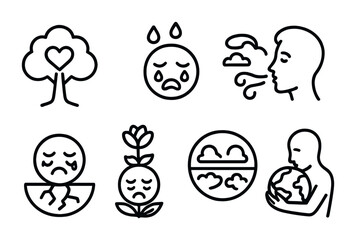 Climate change illustration: emotional expressions and environmental symbols.