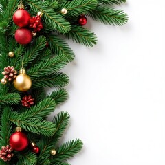 Luxurious evergreen bough draped with glittering gold, red and white holiday accents , white accents, festive background, festive