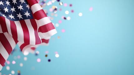 flag day celebration, dynamic, celebratory national flag day background with floating confetti, sparkles, and translucent us flags