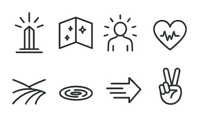 Fototapeta premium Minimalist symbol set featuring monument, map, person, heartbeat, field, portal, arrow, peace sign.