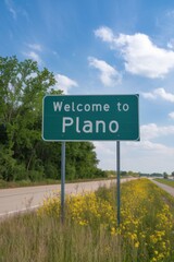 Obraz premium Welcome to Plano, Texas: Roadside Sign Amidst Wildflowers and Blue Skies - A Sunny Day in Plano, TX