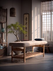 Acupuncture Room relaxing spa room with a massage table, natural decor, and soft lighting.