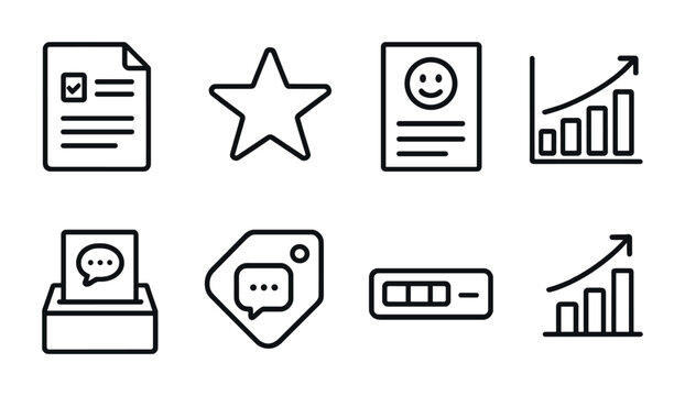 Simple line icons of document, star, profile, graph, chat, and progress bar.