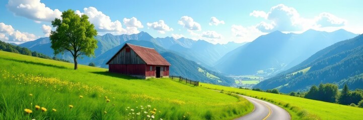 Obraz premium Solitary barn, green meadow, distant mountains, winding road, stock, grass, idyllic