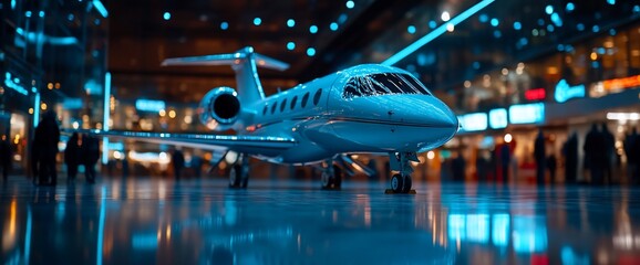 Sleek private jet displayed under the blue lights of a modern convention center