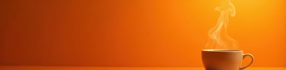 Warm coffee steam rises from cup on vibrant orange background, bright, advertising, assets