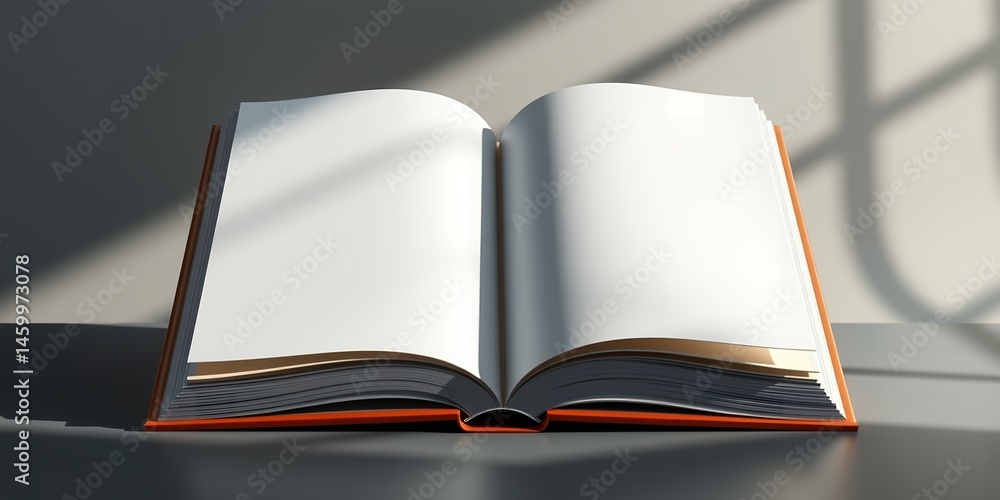 Poster open book with blank pages resting on a surface with window light creating shadows behind it
