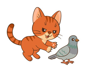 Mischievous red tabby cat catches a gray pigeon. Chibi ginger kitten in Flat style clean, simple design. For children’s book, story illustrations, greeting cards, stickers, tshirts, mug and posters