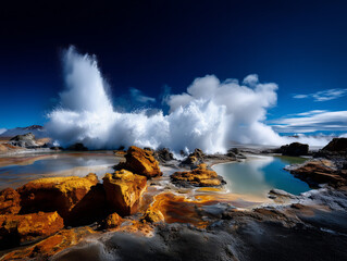 Obraz premium Geothermal Geyser Eruption in Rocky Landscape