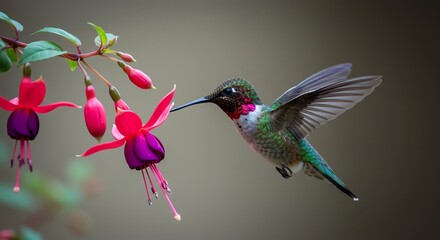 Fototapeta premium Hummingbird feeding on vibrant fuchsia flower in natural setting image