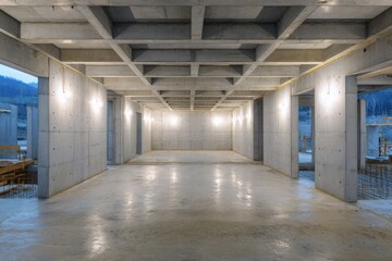 Empty concrete shell of a building under construction.  Industrial, minimalist interior.