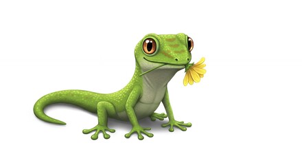 Obraz premium Green gecko holding a yellow flower
