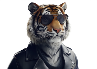 Cool tiger wearing sunglasses and leather jacket on transparent background PNG