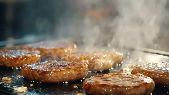 Juicy sausages sizzle on the griddle while surrounded by aromatic steam in a bustling kitchen, Macro probe shot of sausages cooking on a griddle slider shot
