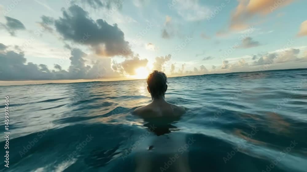 Poster Experience solitude while standing in ocean water during sunset with a vast sky, A 360VR experience of being completely alone in the middle of the ocean - seamless ing