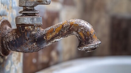 Extreme close-up showcasing intricate patterns of corrosion on a metal bathroom faucet