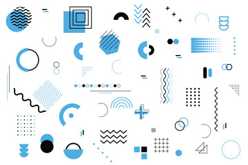 Set of 100 geometric shapes. Memphis design, retro elements for web, vintage, advertisement, commercial banner, poster, leaflet, billboard, sale.