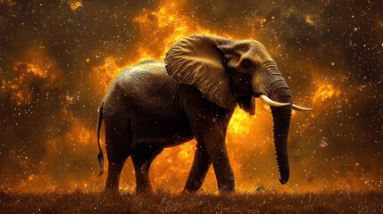 Majestic elephant stands amidst fiery, cosmic backdrop.  Golden hues dominate the scene, creating a dramatic, almost surreal image