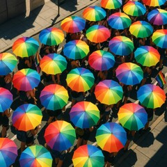 Obraz premium Aerial View of Crowd with Rainbow Umbrellas at Pride Parade - LGBTQ+ Celebration, Unity, Diversity, Colorful Street Protest, No Faces, Urban Festival, Sunny Day