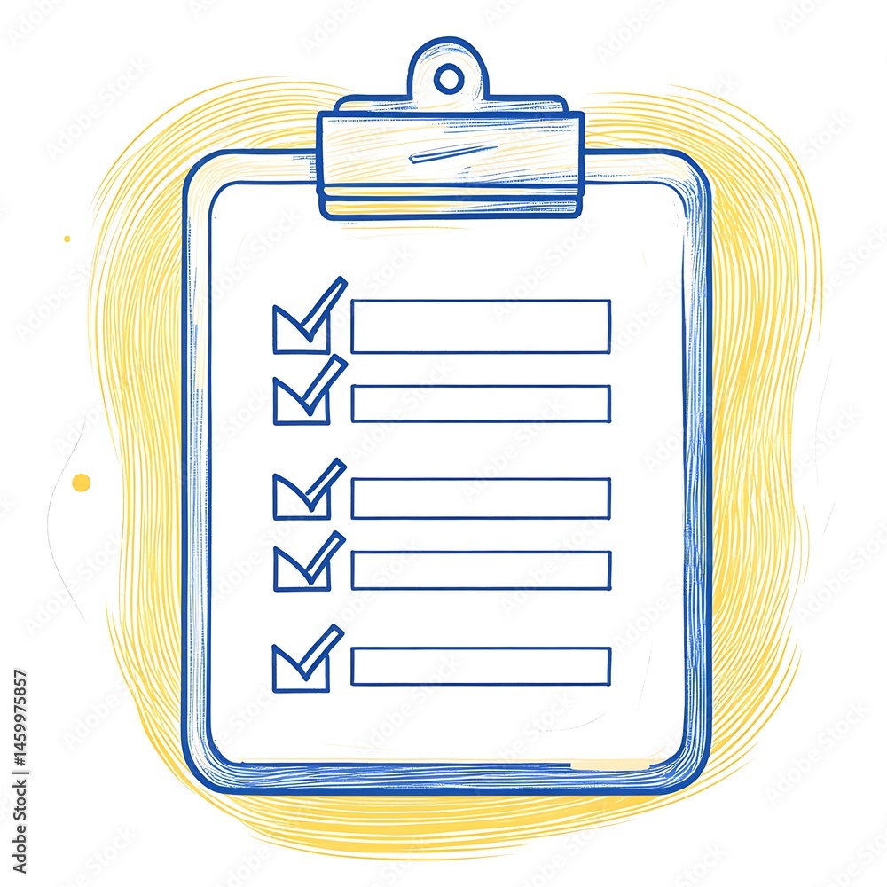 Poster blue clipboard with checked boxes illustration symbolizing task completion and successful validation