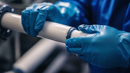 Extreme Close-Up of Gloved Hands Skillfully Applying Pipe Glue to PVC Tubing