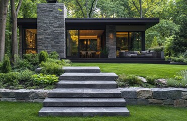 Fototapeta premium Modern stone house, wooded backyard, steps, landscape design, real estate listing
