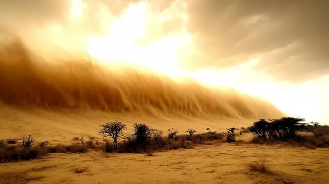 Sandstorm sweeps across the Kenyan savannah, altering the landscape at dusk, A sandstorm advances in the savannah in Kenya