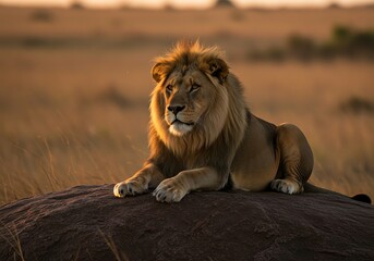 Obraz premium Majestic lion resting on rock at golden hour in the African savanna