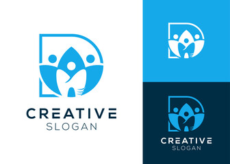 Letter D with lotus flower, teeth and family logo design for dentist and wellness