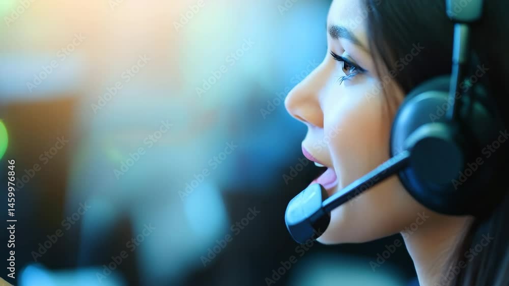 Poster call center employee assists client with problem resolution using headset and communication skills, 