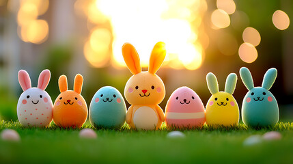 Adorable Pastel Easter Bunnies and Eggs on Grass
