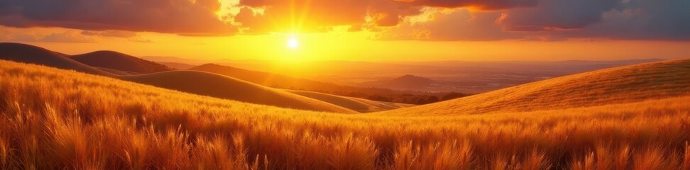 Obraz premium Golden sun paints rolling hills and ripe grain fields, fiery hues at day's end , yellow, barley