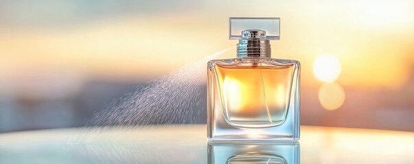 Elegant Perfume Bottle Spraying Fragrance, Sunset Backdrop , Fragrance, Perfume