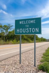 Obraz premium Welcome to Houston Sign on a Sunny Day - Roadside Attraction, Travel Destination, Texas Tourism, City Entrance, Green Signage