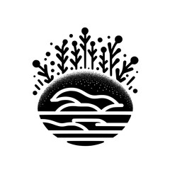 Black & White Nature Illustration: Landscape with Flora, Circle Design