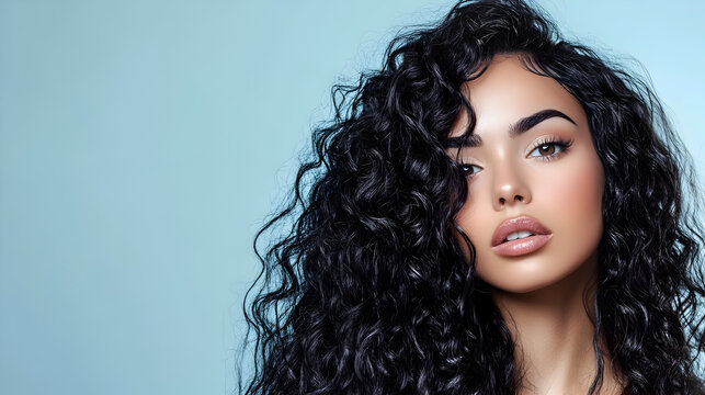 una mujer hermosa modelo con cabello negro y ondulado rizado sobre un fondo con espacio de copia cuidado del cabello tratamientos de salon o estetica