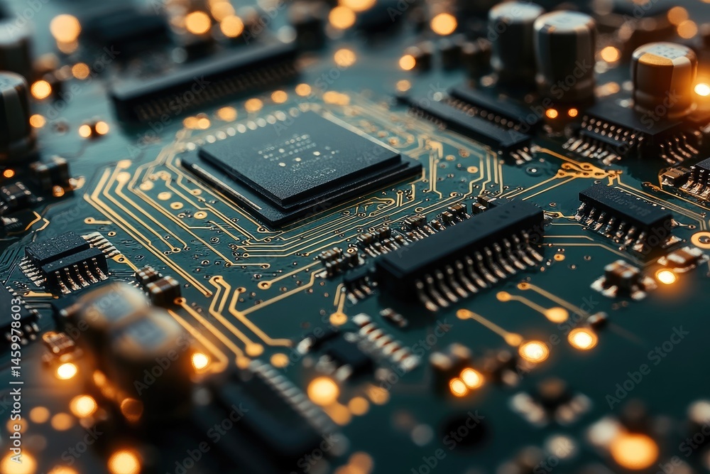 Poster close-up view of a complex circuit board with processor.