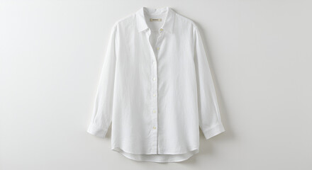 Loose linen shirt buttoned up, without tags, white background