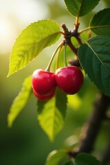 Sun-drenched cherries cluster on a mature orchard tree branch , vibrant, ripe
