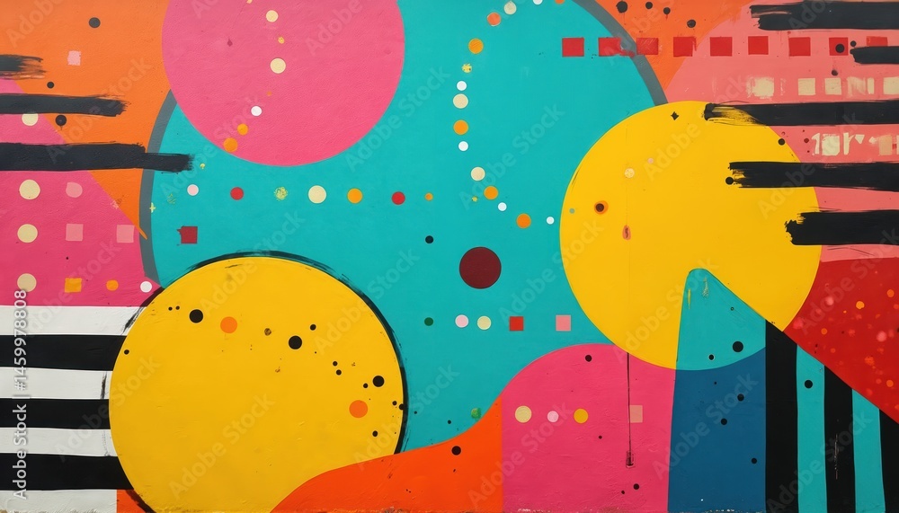 Poster vibrant abstract mural features colorful geometric shapes like stripes dots circles. lively playful 